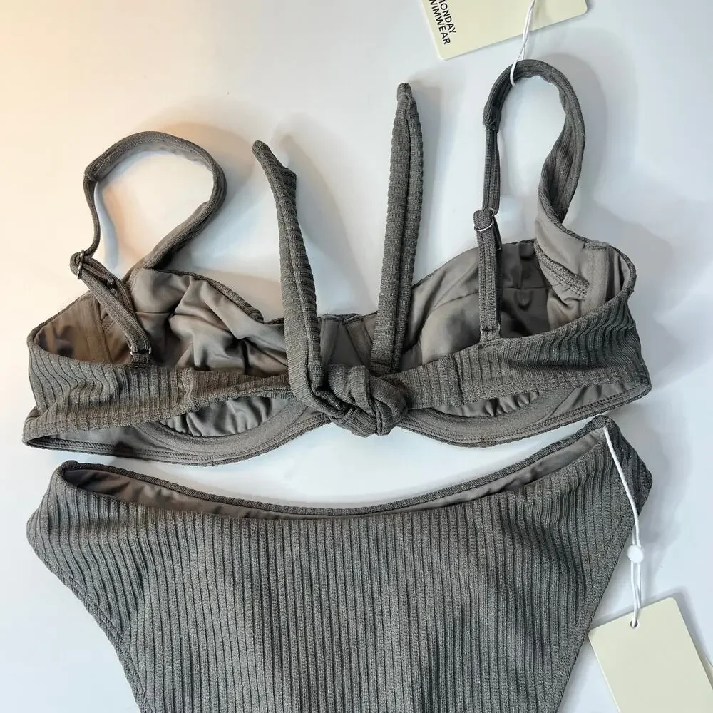 Monday Swimwear Seychelles Bottom and Sorrento Top Steel Lurex Rib New Small